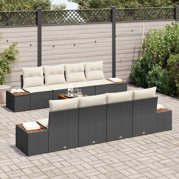 9-teiliges Garten Sofa Set mit Kissen Schwarz Poly Rattan Akazie
