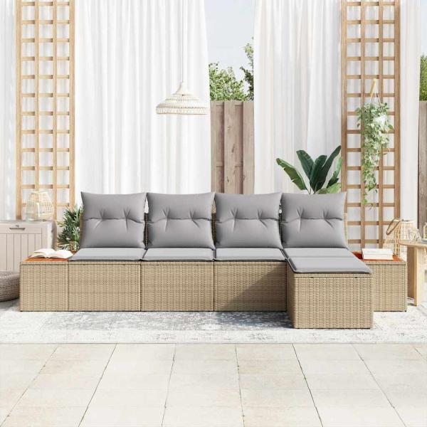 5-teiliges Garten Sofa Set mit Kissen Beige Poly-Rattan Akazie
