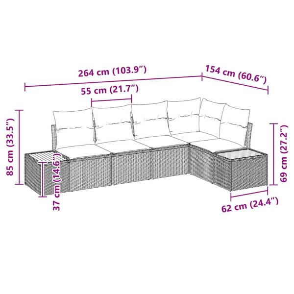 5-teiliges Garten Sofa Set mit Kissen Schwarz Poly Rattan Akazie