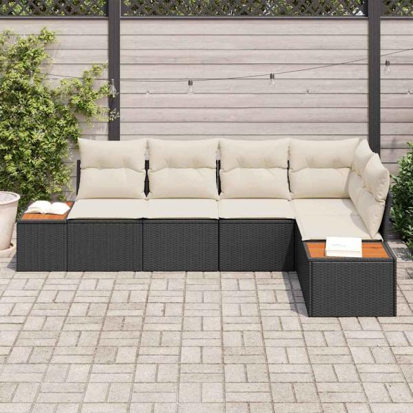 5-teiliges Garten Sofa Set mit Kissen Schwarz Poly Rattan Akazie
