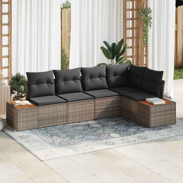 ARDEBO.de - 5-teiliges Garten-Sofa-Set mit Kissen Grau Poly-Rattan Akazie
