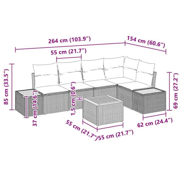 6-teiliges Garten Sofa Set mit Kissen Grau Poly Rattan Akazie