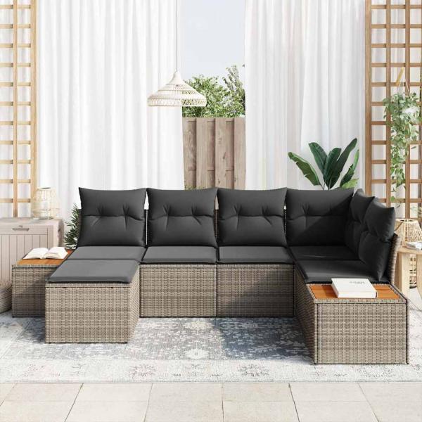 6-teiliges Garten-Sofaset mit Kissen Grau Poly Rattan Akazie