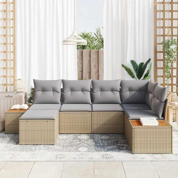 6-teiliges Garten Sofa Set mit Kissen Beige Poly Rattan Akazie