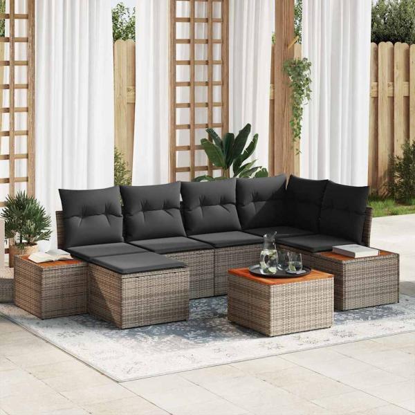 ARDEBO.de - 7-teiliges Garten Sofa Set mit Kissen Grau Poly Rattan Akazie