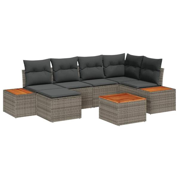7-teiliges Garten Sofa Set mit Kissen Grau Poly Rattan Akazie
