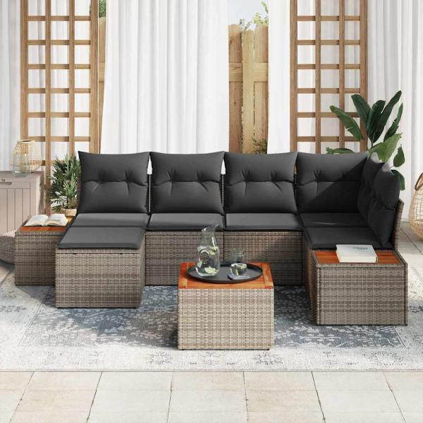 7-teiliges Garten Sofa Set mit Kissen Grau Poly Rattan Akazie