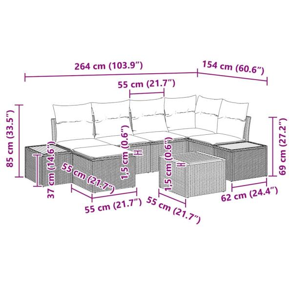 7-teiliges Garten Sofa Set mit Kissen Grau Poly Rattan Akazie