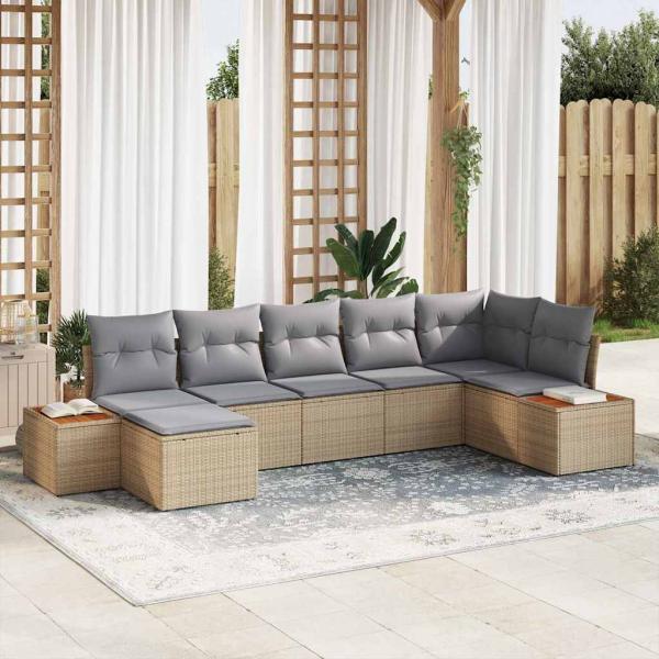 ARDEBO.de - 7-teiliges Garten Sofa Set mit Kissen Beige Poly Rattan Akazie