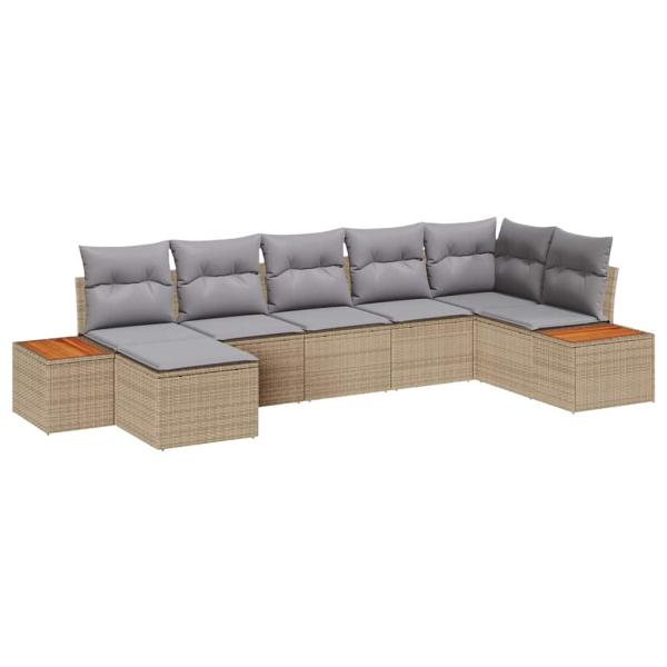 7-teiliges Garten Sofa Set mit Kissen Beige Poly Rattan Akazie