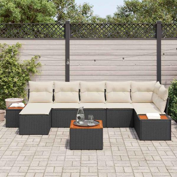 8-teiliges Garten-Sofa Set mit Kissen Schwarz Poly Rattan Akazie