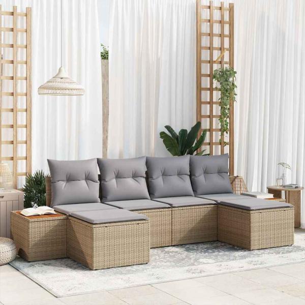 ARDEBO.de - 6-teiliges Garten-Sofa-Set mit Kissen Beige Poly-Rattan Akazie