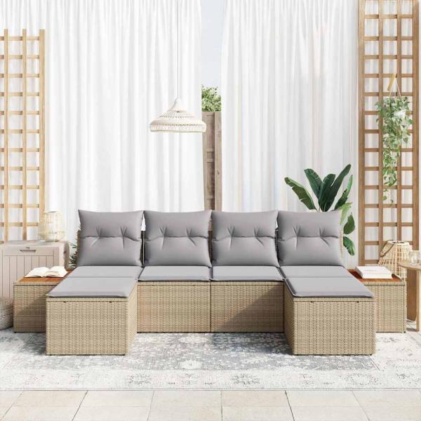 6-teiliges Garten-Sofa-Set mit Kissen Beige Poly-Rattan Akazie