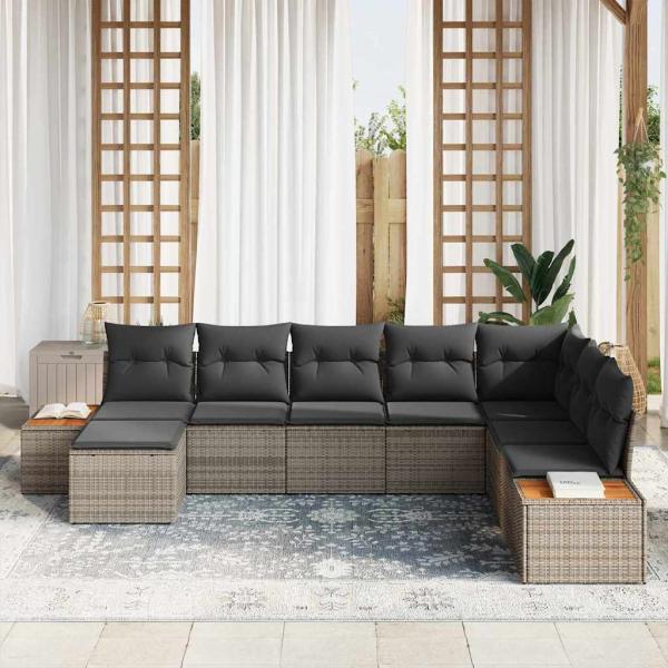 8-teiliges Garten Sofa Set mit Kissen Grau Poly Rattan Akazie