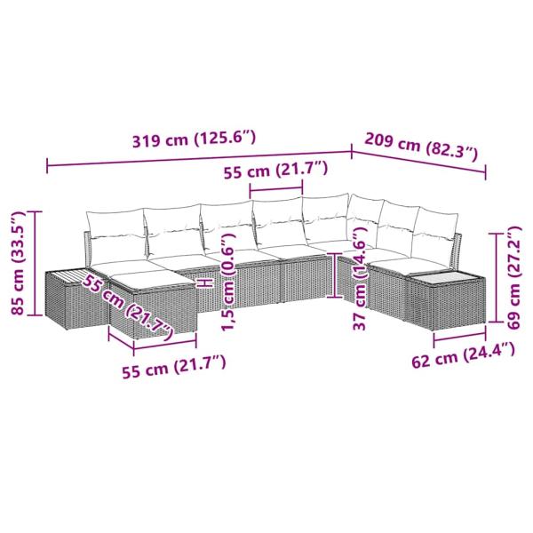8-teiliges Garten Sofa Set mit Kissen Grau Poly Rattan Akazie