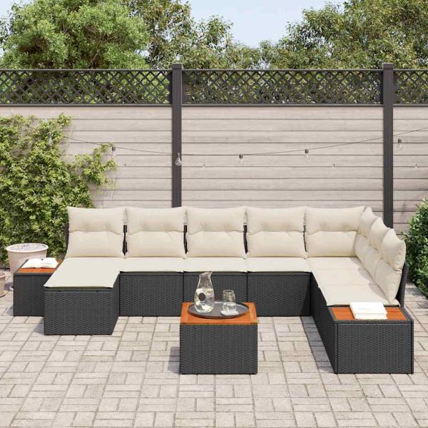 9-teiliges Garten Sofa Set mit Kissen Schwarz Poly Rattan Akazie
