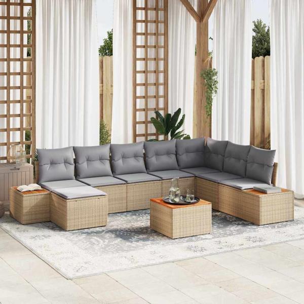 ARDEBO.de - 9-teiliges Garten Sofa Set mit Kissen Beige Poly Rattan Akazie