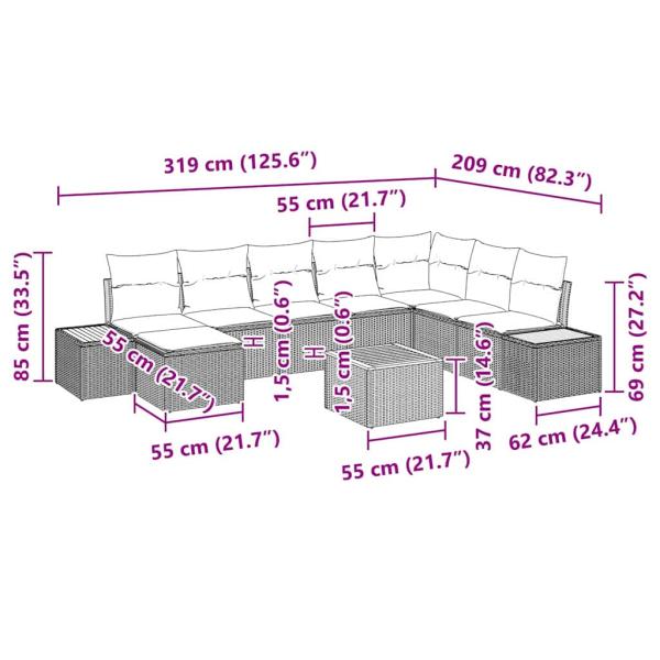 9-teiliges Garten Sofa Set mit Kissen Beige Poly Rattan Akazie