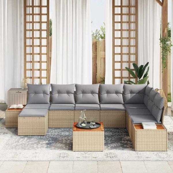 9-teiliges Garten Sofa Set mit Kissen Beige Poly Rattan Akazie