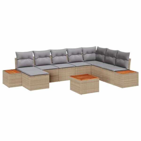 9-teiliges Garten Sofa Set mit Kissen Beige Poly Rattan Akazie