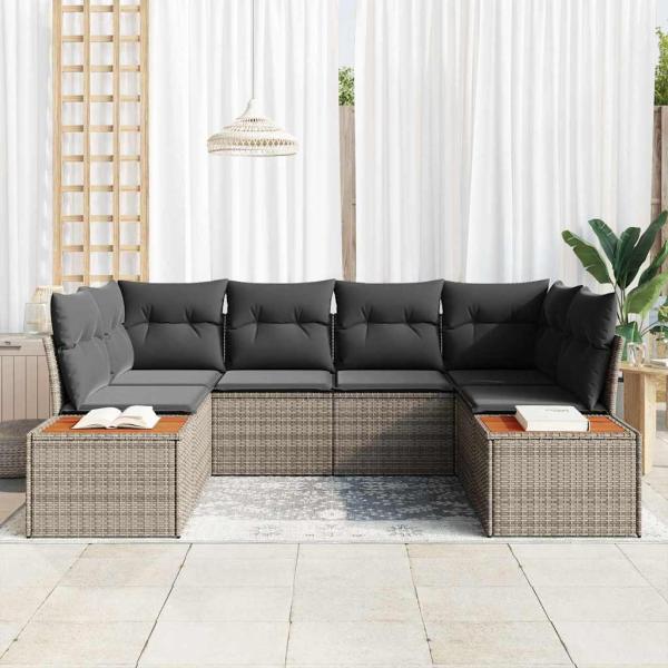6-teiliges Garten-Sofa-Set mit Kissen Grau Poly Rattan Akazie
