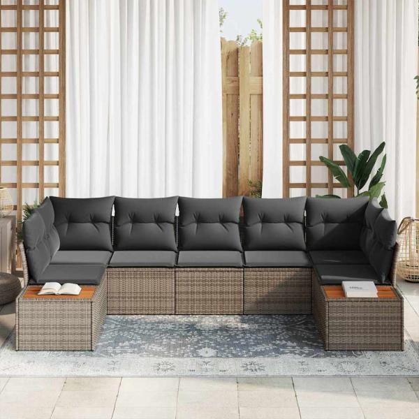 7-teiliges Gartensofa Set mit Kissen Grau Poly Rattan Akazie