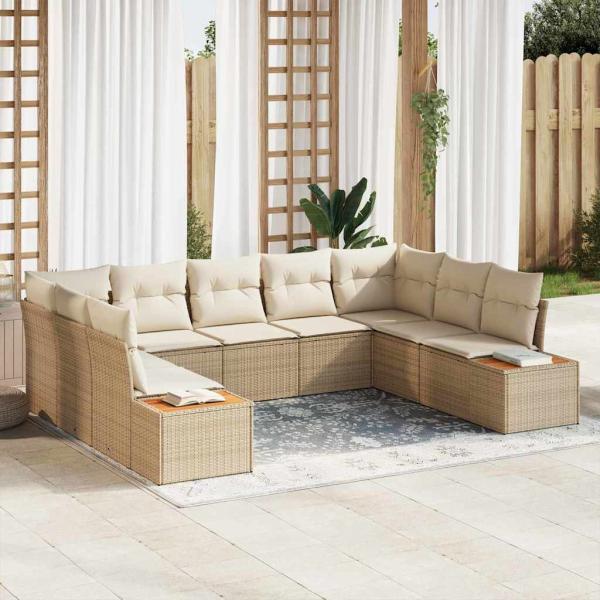 ARDEBO.de - 9-teiliges Garten-Sofa-Set mit Kissen Beige Poly-Rattan Akazie