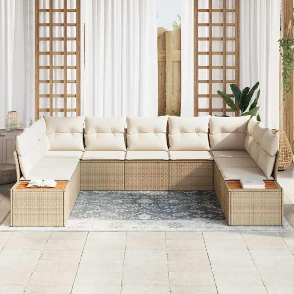 9-teiliges Garten-Sofa-Set mit Kissen Beige Poly-Rattan Akazie