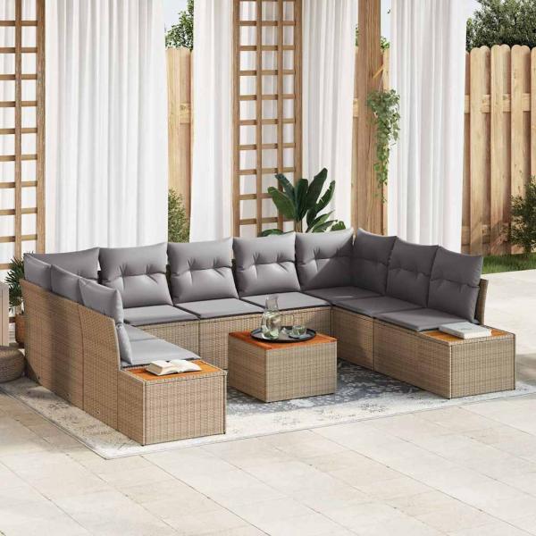 ARDEBO.de - 10-teiliges Garten Sofa Set mit Kissen Beige Poly Rattan Akazie