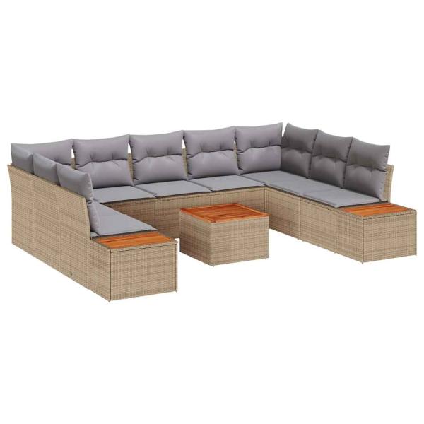 10-teiliges Garten Sofa Set mit Kissen Beige Poly Rattan Akazie