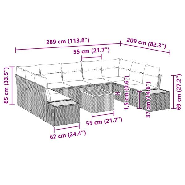 10-teiliges Garten Sofa Set mit Kissen Beige Poly Rattan Akazie