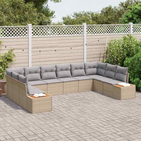 10-teiliges Garten Sofa Set mit Kissen Beige Poly Rattan Akazie