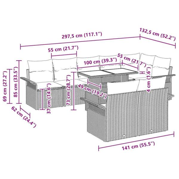 9-teiliges Garten Sofa Set mit Kissen Braun Poly Rattan