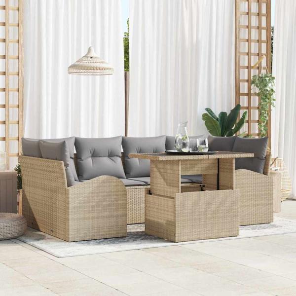 ARDEBO.de - 7-teiliges Garten Sofa Set mit Kissen Beige Poly Rattan