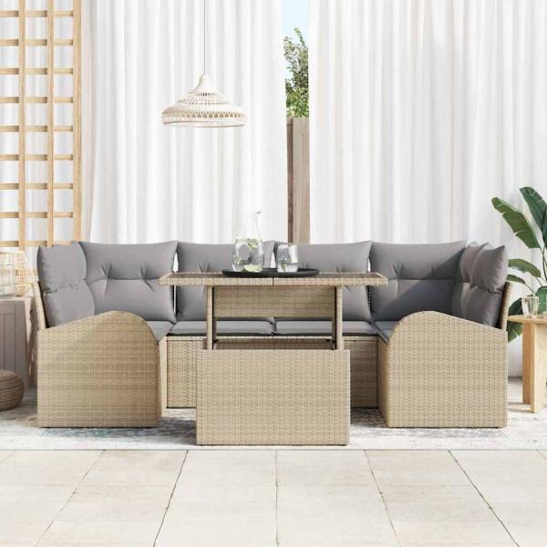 7-teiliges Garten Sofa Set mit Kissen Beige Poly Rattan