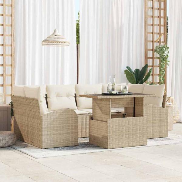 ARDEBO.de - 7-teiliges Garten Sofa Set mit Kissen Beige Poly Rattan