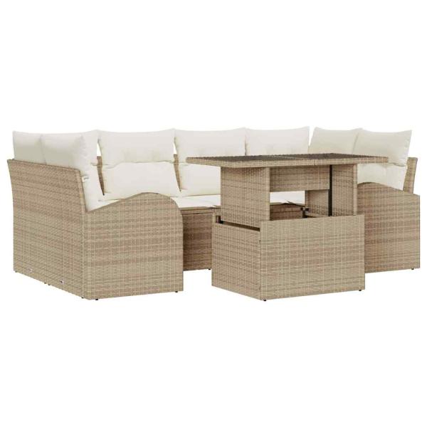 7-teiliges Garten Sofa Set mit Kissen Beige Poly Rattan