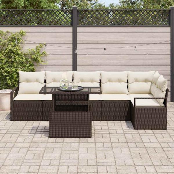 7-teiliges Garten-Sofa-Set mit Kissen Braun Poly Rattan, 2-Sitzer Garten-Sofa mit Kissen Braun Poly Rattan
