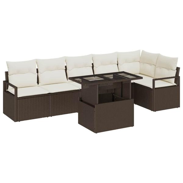 7-teiliges Garten-Sofa-Set mit Kissen Braun Poly Rattan, 2-Sitzer Garten-Sofa mit Kissen Braun Poly Rattan