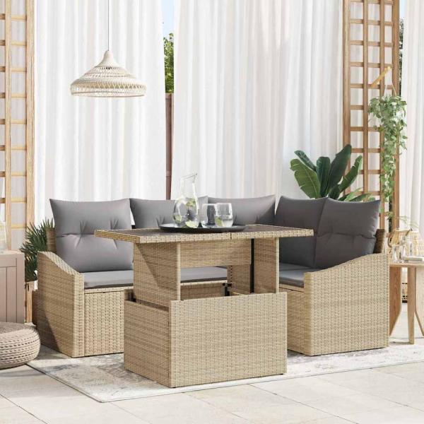 ARDEBO.de - 5 teiliges Garten Sofa Set mit Kissen beige Poly Rattan