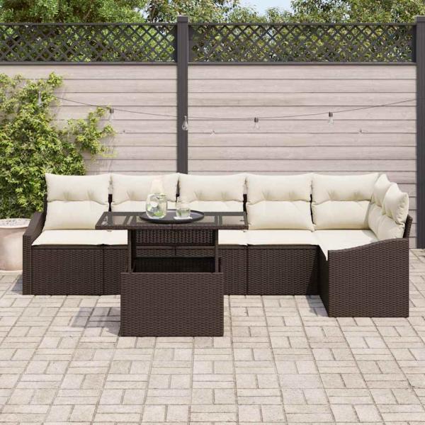 7-teilige Garten Sofa Set mit Kissen Braun Poly Rattan