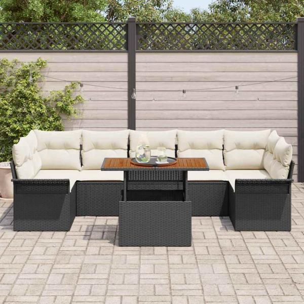 8-teiliges Garten-Sofa-Set mit Kissen Schwarz Poly Rattan Akazie