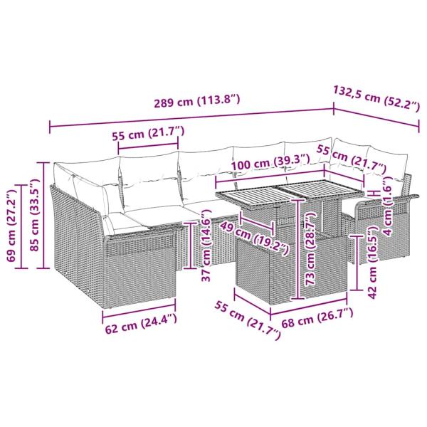 8-teiliges Garten-Sofa-Set mit Kissen Schwarz Poly Rattan Akazie