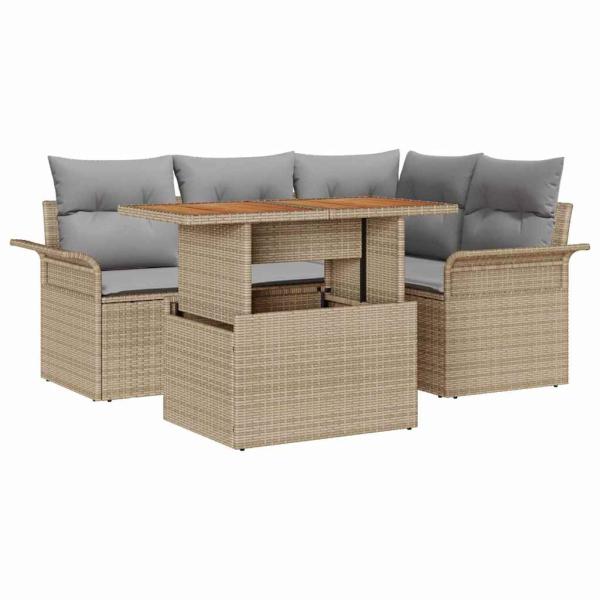 5-teiliges Garten-Esszimmerset mit Kissen Beige Poly Rattan Akazie