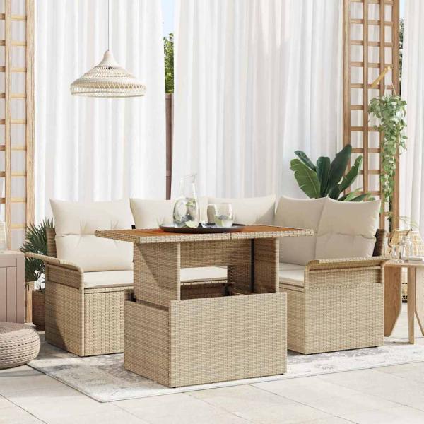 ARDEBO.de - 5-teilige Garten-Essgruppe mit Kissen Beige Poly Rattan Akazie