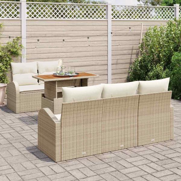 6-teiliges Garten-Essset mit Kissen Beige Poly Rattan Akazie