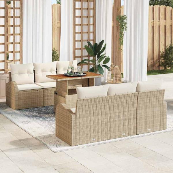 ARDEBO.de - 7-teiliges Garten Essgruppe mit Kissen Beige Poly Rattan Akazie