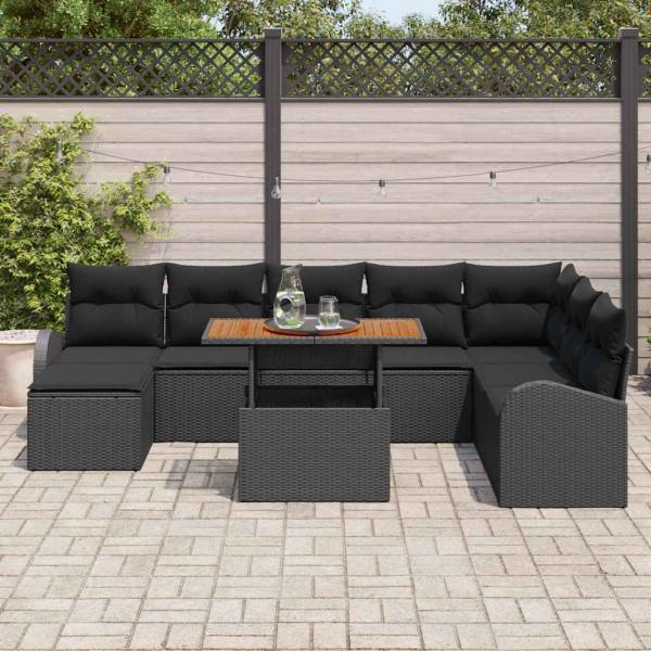 9-teiliges Garten Esstischset mit Kissen Schwarz Poly Rattan Akazie