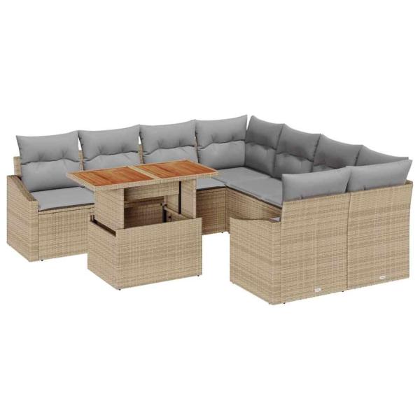 9-teiliges Garten-Essset mit Kissen Beige Poly Rattan Akazie