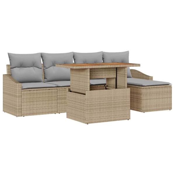 6-teiliges Garten Essgruppen Set mit Kissen Beige Poly Rattan Akazie